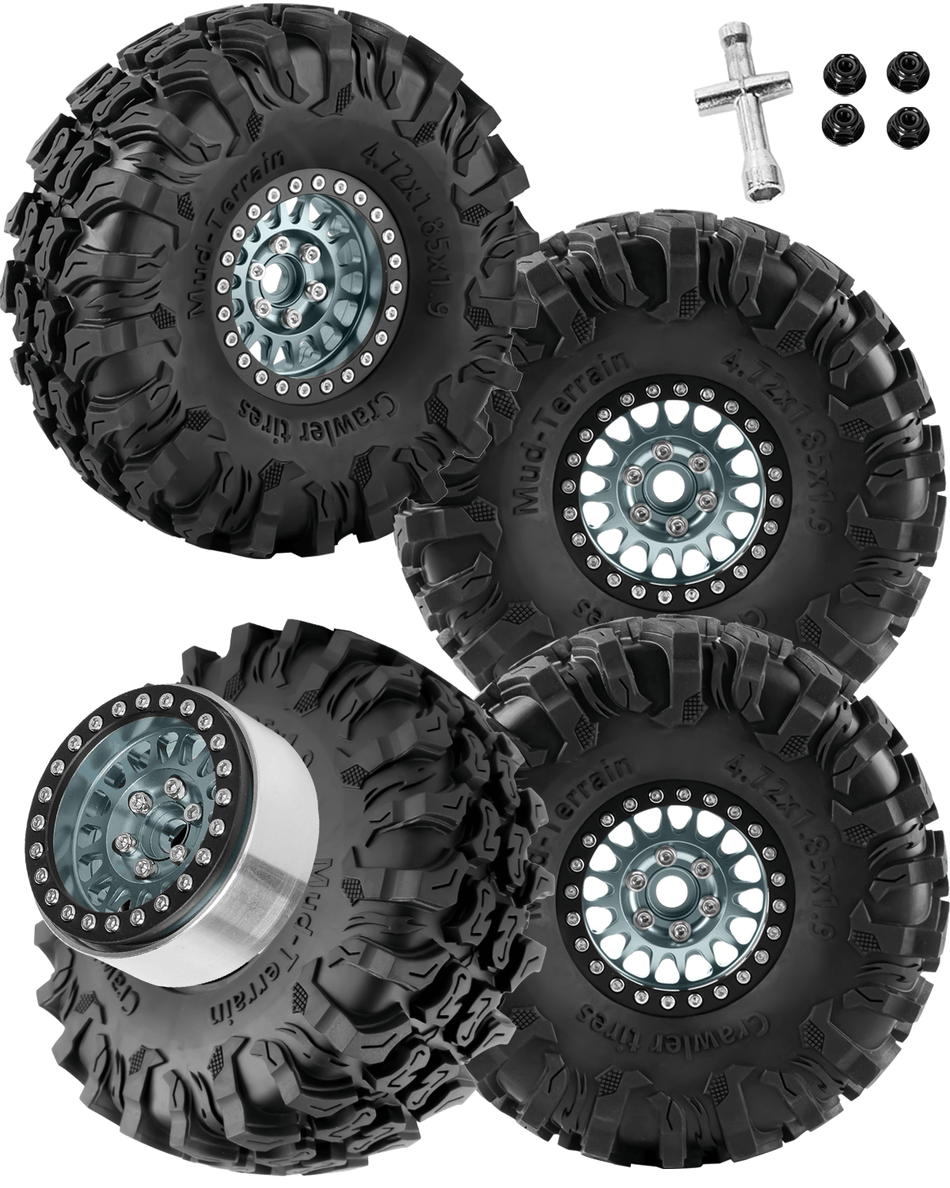 RCarmubWow 1.9" Aluminum Alloy Beadlock Wheels & Tires 4PCS, RC Wheel Rim Rubber Tire Set Compatible with 1/10 Axial SCX10 90046 AX103007 SCX10 II III Traxxas TRX4 Redcat Gen7 Gen8 RC Crawler Car