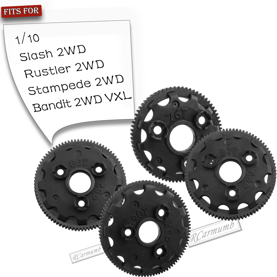 RCarmumb RC 48P 76T & 83T & 86T & 90T Spur Gear Upgrades Part for Traxxas 1/10 Slash Rustler Stampede Bandit 2WD VXL XL-5,Tough Nylon 4PCS Spur Gear Hops Up,Replace #4676#4683#4686#4690