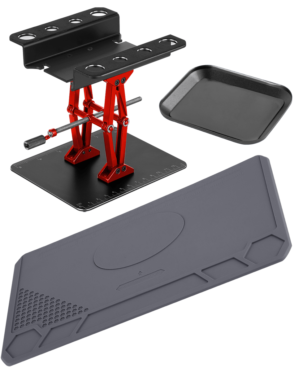 RCarmumb RC Car Work Stand Aluminum Repair Workstation Lift Lower & Screw Tray & Silicone Working Mat for 1/8 1/10 1/12 RC Cars Trucks and Crawlers