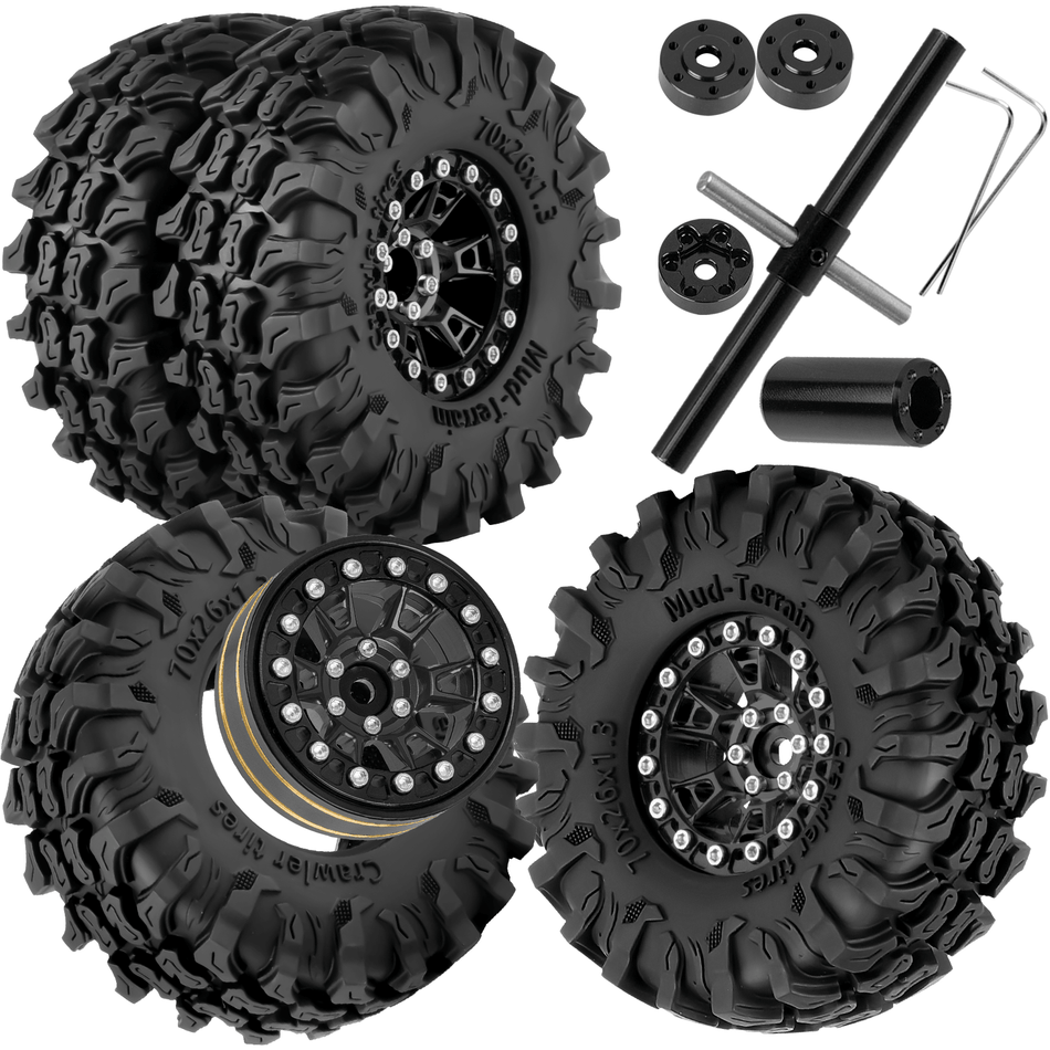 RCarmubWow 1.3" Beadlock Wheels & Tires Set, 4PCS Single/Dual Wheel Combo Compatible with 1/18 Traxxas TRX4M Redcat Ascent-18, 1/24 Axial SCX24 FMS FCX24 RC Crawler Car,Aluminium & Brass Wheel Rim w/All Terrain Tire