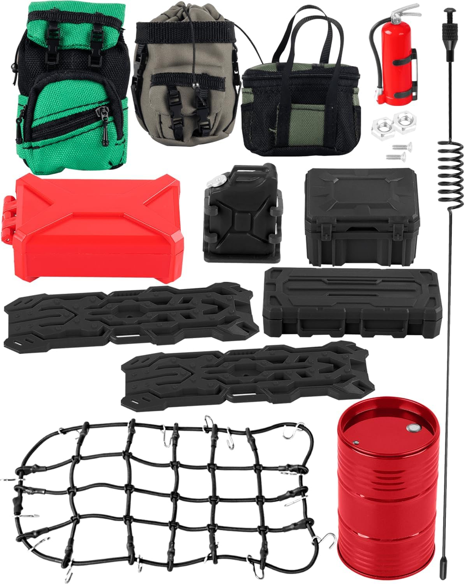 RCarmubWow RC Crawler Accessories Roof Simulation Decoration for 1/10 Traxxas Trx4 Trx6 ,Axial SCX10,Redcat,Luggage Bag/Fire Extinguisher/Oil Drum/Recovery Board/Toolbox/Fuel Tanks/Antennas