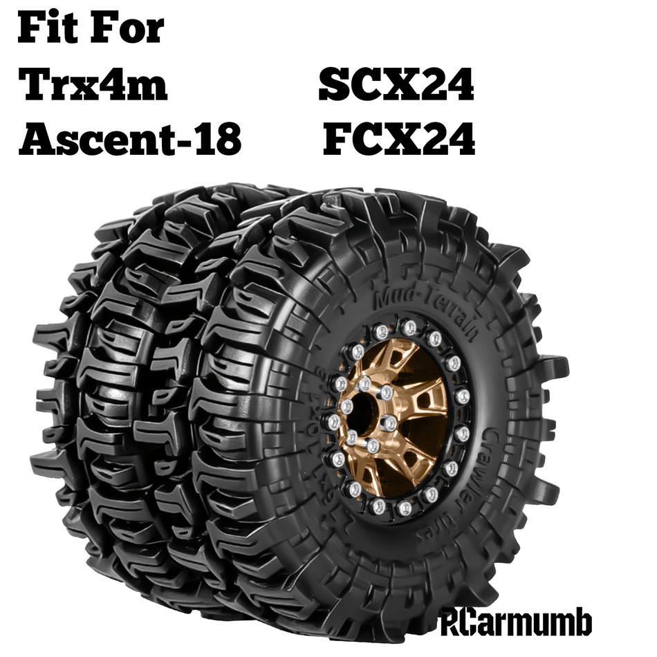 RCarmumb 1.3 Inch Beadlock Wheel & Mud Terrain Tire Set, Single/Dual Wheel Function for 1/18 Traxxas TRX4M,Redcat Ascent-18, 1/24 Axial SCX24,FMS FCX24 RC Crawler Upgrade Parts, Brown Rim with Black Bead Rings 4PCS