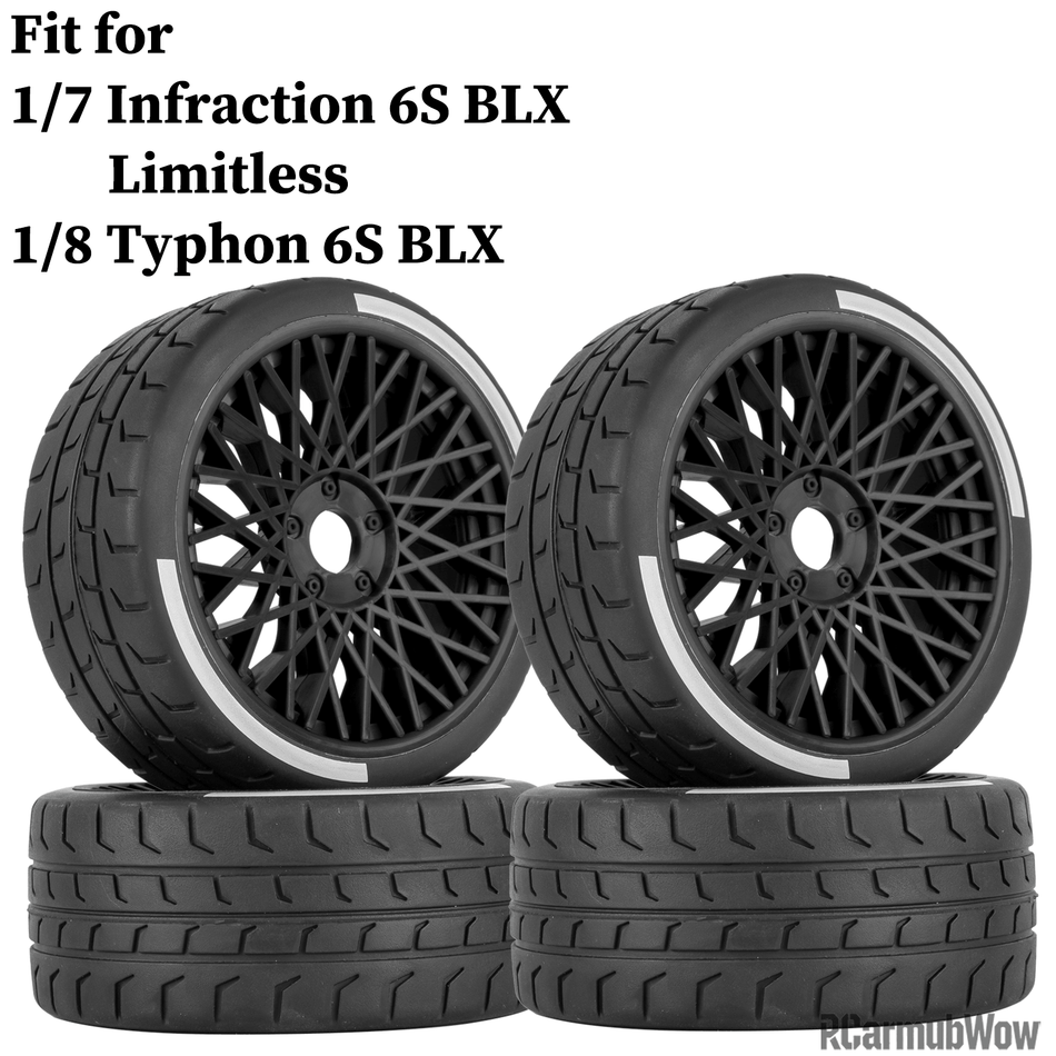 RCarmubWow 17mm Hex Highway Tires & Plastic Rims for Arrma 1/8 Typhon 6S BLX 1/7 Infraction 6S BLX Limitless - On-Road/Drift Upgrade,4pcs,Black