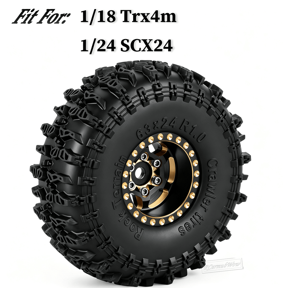 RCarmumb Brass 1.0 Beadlock Wheels RC Rims w/ 1.0 Beadlocks Tires for RC Crawler 1/18 Traxxas TRX4M,1/24 Axial SCX24,4pcs