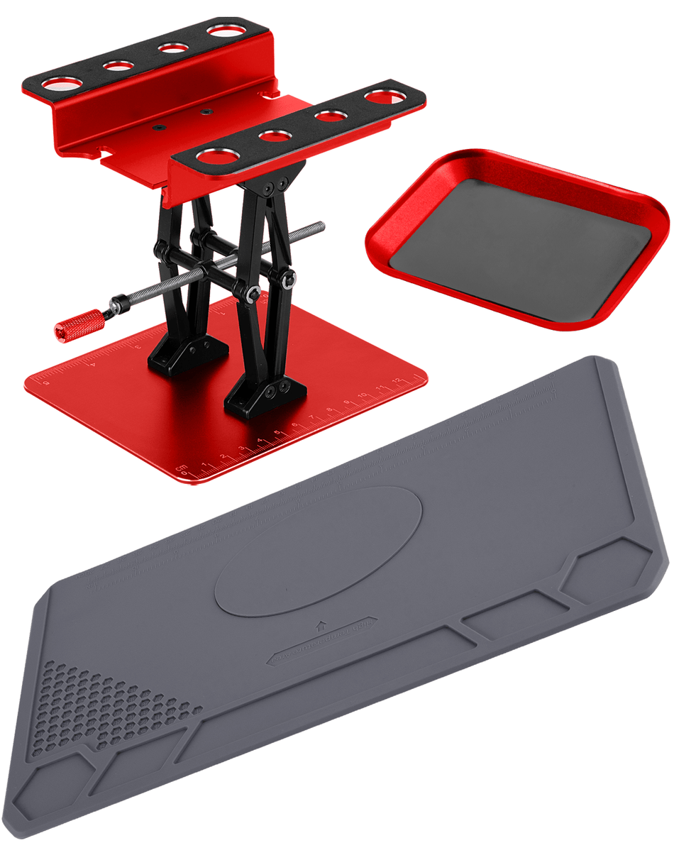 RCarmumb RC Car Work Stand Aluminum Repair Workstation Lift Lower & Screw Tray & Silicone Working Mat for 1/8 1/10 1/12 RC Cars Trucks and Crawlers