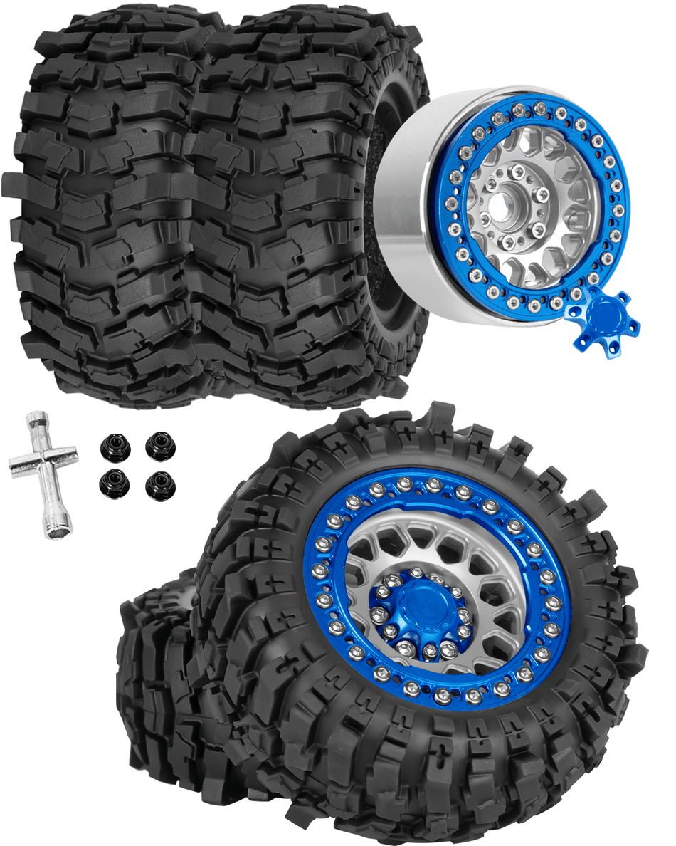 RCarmumb 1.9 Beadlock Wheel & Tire Set, 88x36mm Rubber Crawler Tires Aluminum Alloy 1.9 Inch Beadlock Rims for 1/12 MJX H12Y H12Y+ H12P, MN-128 RC Climbing Car
