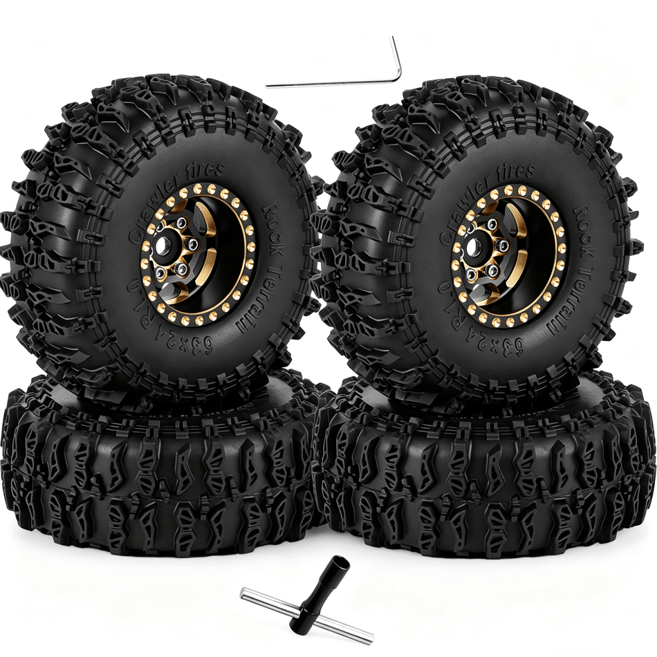 RCarmumb Brass 1.0 Beadlock Wheels RC Rims w/ 1.0 Beadlocks Tires for RC Crawler 1/18 Traxxas TRX4M,1/24 Axial SCX24,4pcs