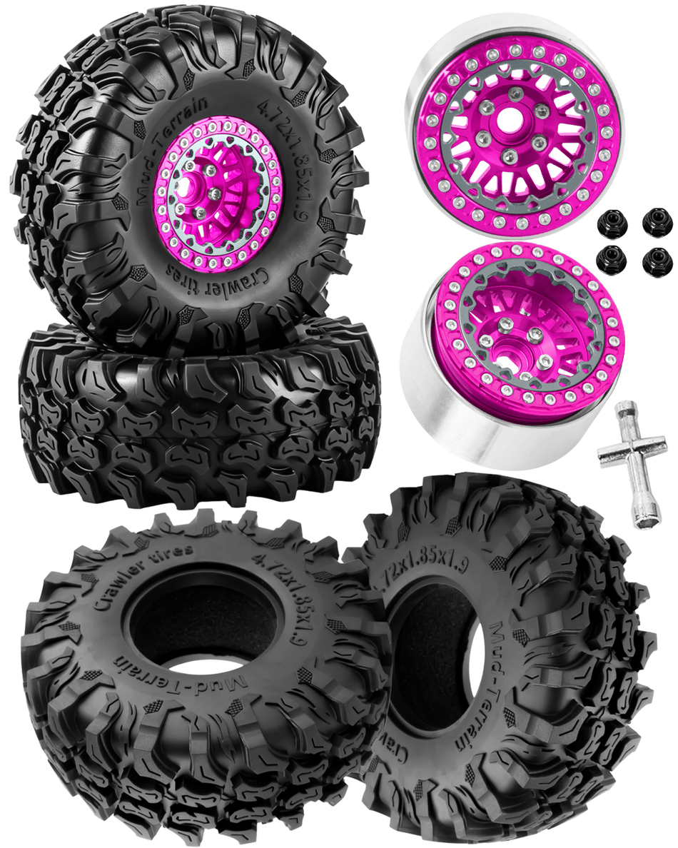 RCarmubWow 1.9 Inch Beadlock Aluminum Wheels and Tires, 4PCS RC Crawler Wheel Tire Set Compatible with 1/10 Scale Axial SCX10 90046 AX103007 SCX10 II III Traxxas TRX4 TRX6 Redcat Gen7 Gen8 D90 VS4-10 MST CFX