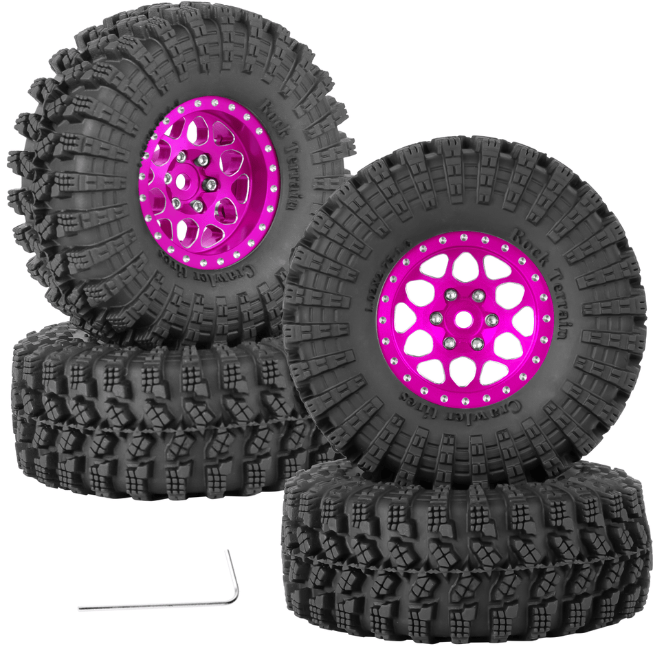 RCarmubWow 1.3" Beadlock Wheel Tires Set for 1/18 1/24 Axial SCX24 Traxxas TRX4M RC Crawler Car,Alloy RC Wheel Rims Brass Coating Rings All Terrain RC Tires