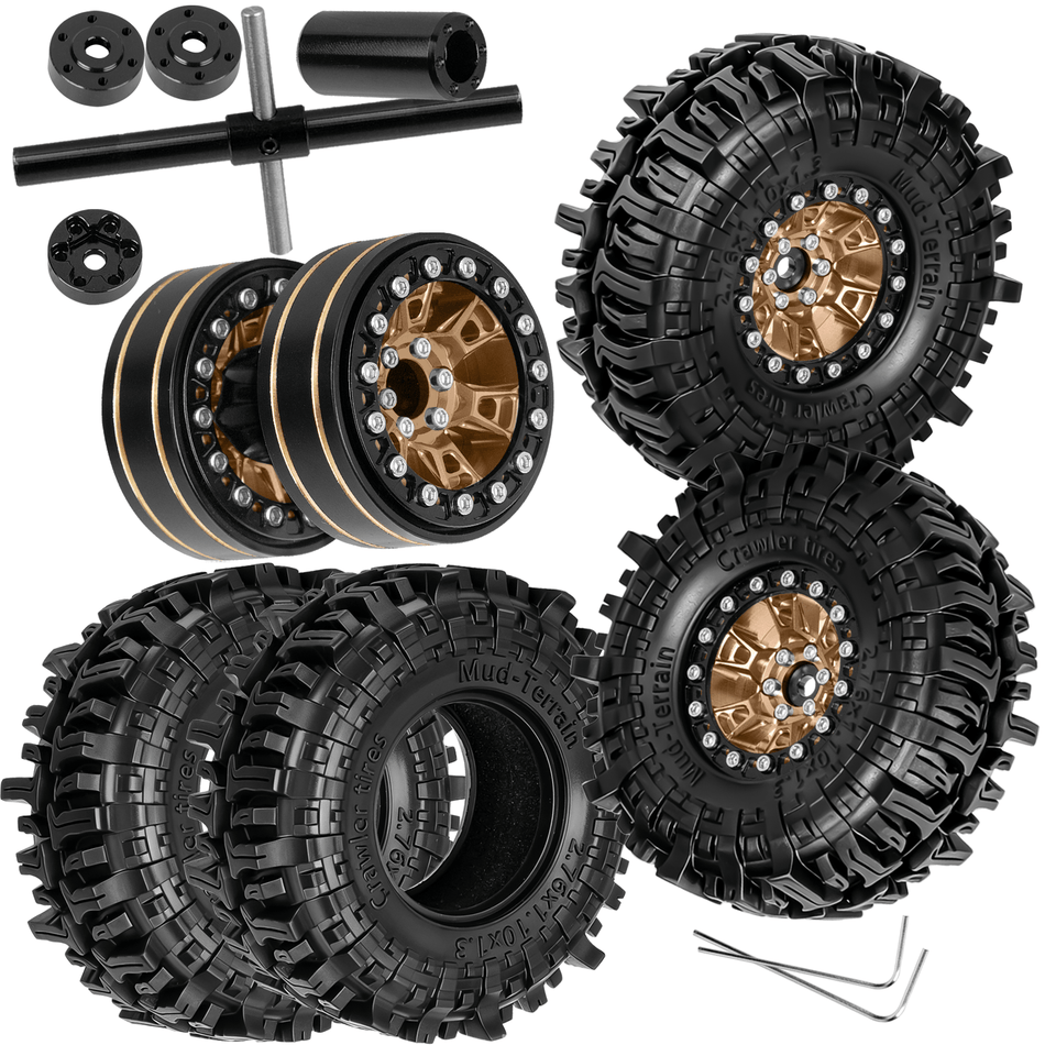 RCarmumb 1.3 Inch Beadlock Wheel & Mud Terrain Tire Set, Single/Dual Wheel Function for 1/18 Traxxas TRX4M,Redcat Ascent-18, 1/24 Axial SCX24,FMS FCX24 RC Crawler Upgrade Parts, Brown Rim with Black Bead Rings 4PCS