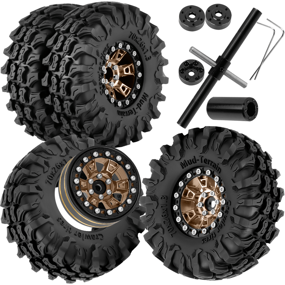 RCarmubWow 1.3" Beadlock Wheels & Tires Set, 4PCS Single/Dual Wheel Combo Compatible with 1/18 Traxxas TRX4M Redcat Ascent-18, 1/24 Axial SCX24 FMS FCX24 RC Crawler Car,Aluminium & Brass Wheel Rim w/All Terrain Tire