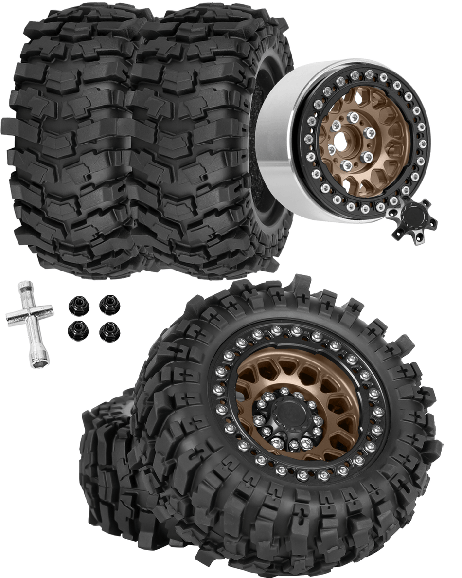 RCarmumb 1.9 Beadlock Wheel & Tire Set, 88x36mm Rubber Crawler Tires Aluminum Alloy 1.9 Inch Beadlock Rims for 1/12 MJX H12Y H12Y+ H12P, MN-128 RC Climbing Car