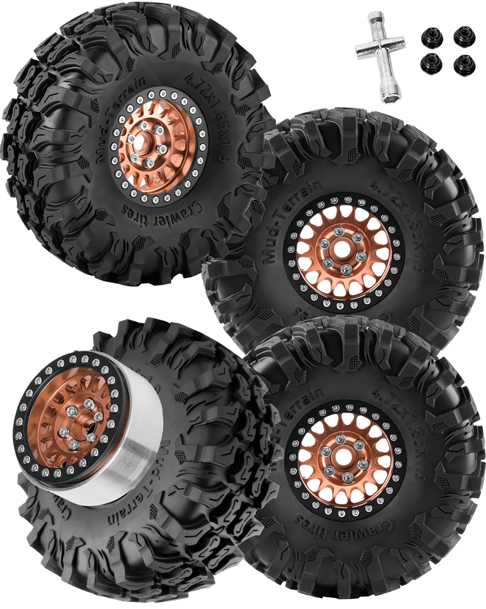 RCarmubWow 1.9" Aluminum Alloy Beadlock Wheels & Tires 4PCS, RC Wheel Rim Rubber Tire Set Compatible with 1/10 Axial SCX10 90046 AX103007 SCX10 II III Traxxas TRX4 Redcat Gen7 Gen8 RC Crawler Car