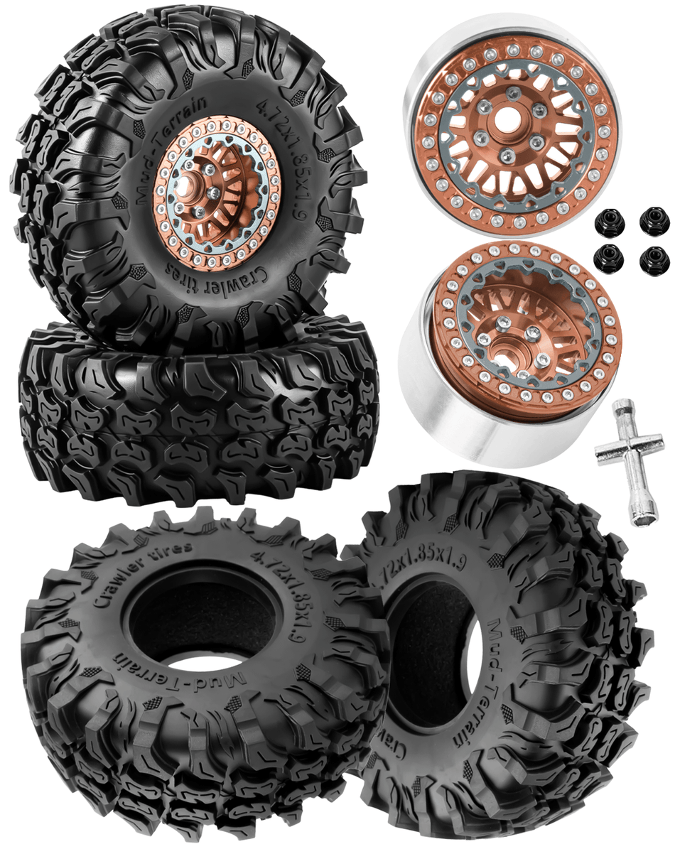 RCarmubWow 1.9 Inch Beadlock Aluminum Wheels and Tires, 4PCS RC Crawler Wheel Tire Set Compatible with 1/10 Scale Axial SCX10 90046 AX103007 SCX10 II III Traxxas TRX4 TRX6 Redcat Gen7 Gen8 D90 VS4-10 MST CFX